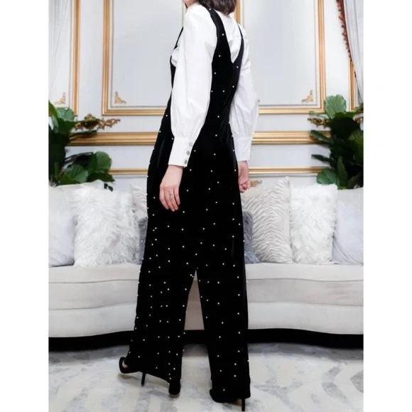 EVA FRANCO brewster jumpsuit in black velvet pearl sizes 4,8
